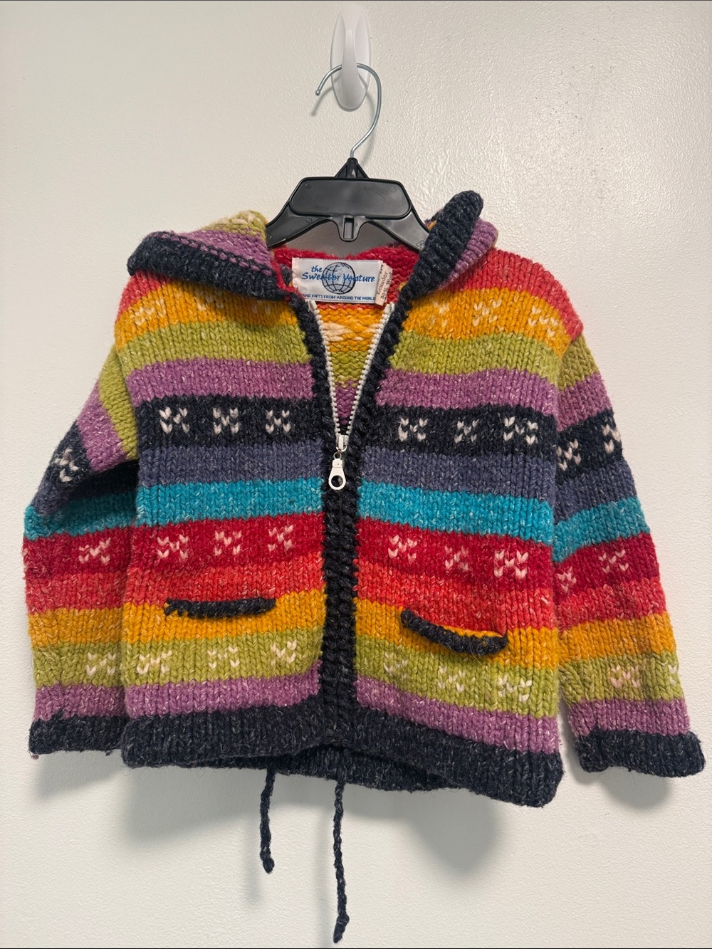 Kids Multicolor Striped Hooded Zip Sweater -50% wool 50% cotton